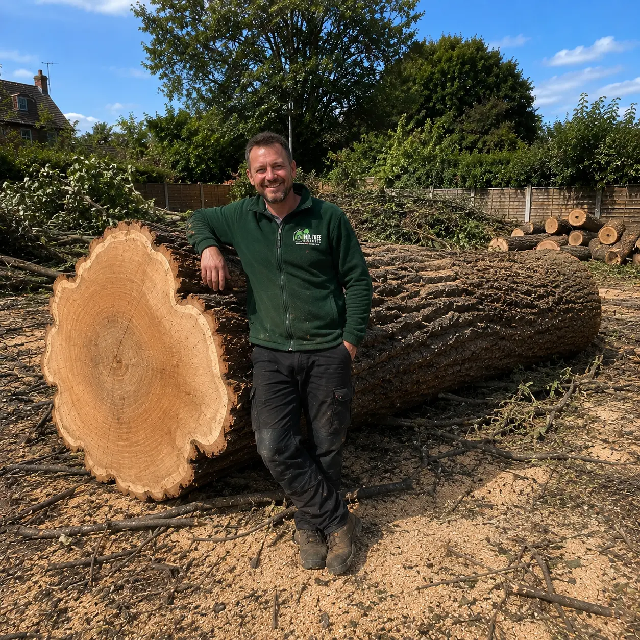 George Honeyman, owner of Mr Tree Services, beside a freshly felled tree trunk